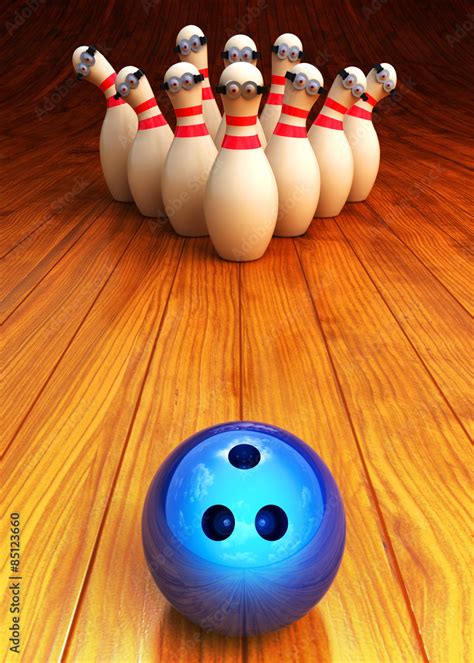 Bowling game illustration and strike concept, moving bowling ball and ...