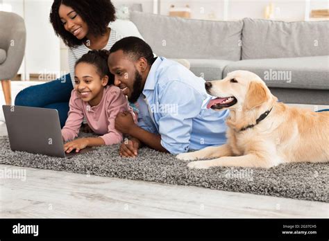 Young black family at home with dog using laptop Stock Photo - Alamy