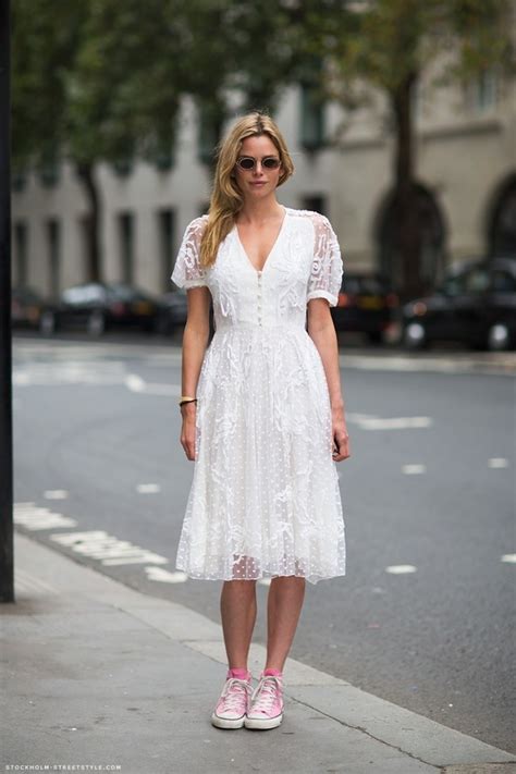 white + sneakers | Lace white dress, Pink converse outfits, Dress with sneakers