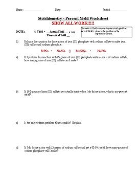 Stoichiometry & Percent Yield Worksheet by Andrew Teorsky | TPT