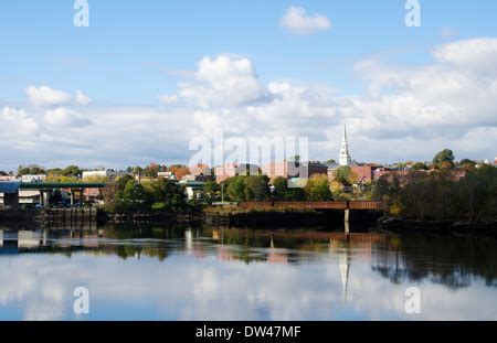 Bangor Maine from river panoramic with church and skyline in Northern New England in fall colors ...