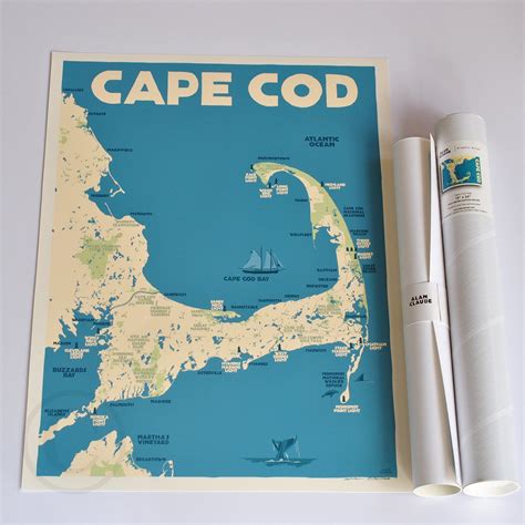 Cape Cod Map Art Print 18" x 24" Travel Poster By Alan Claude - Massac - Alan Claude Gallery