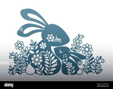 Vector illustration of a funny rabbit family among flowers.. Silhouette ...