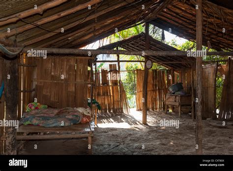 Living room in a bamboo hut, village of hill tribe people, Hmong people ...