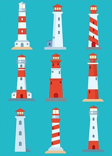 lighthouses in different styles and colors on a blue background