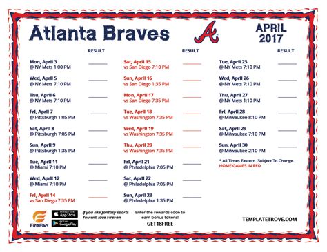 Printable 2017 Atlanta Braves Schedule