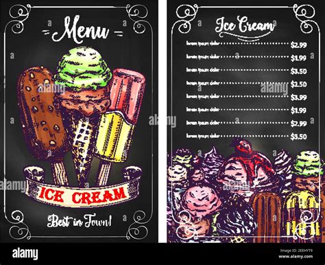 Ice cream cafe or restaurant price menu template. Vector design of frozen desserts, ice cream ...