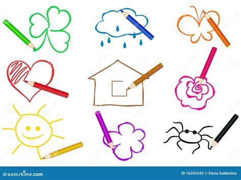 Pencils Of Different Colors Drawing Simple Objects Royalty Free Stock Photo - Image: 16202545