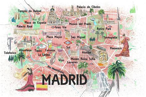 Madrid Spain Illustrated Travel Map with Roads Landmarks and Tourist ...