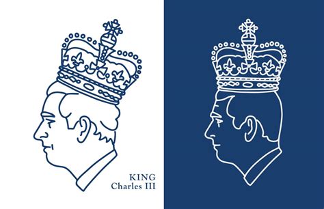 Set of linear crowned portraits of Prince Charles, Prince of Wales. Prifile side head view with ...