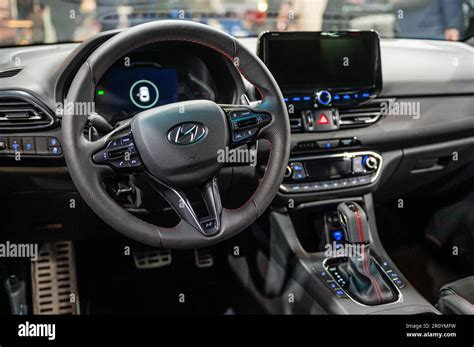 Riga, Latvia, April 28, 2023: Hyundai i30 Fastback interior, steering wheel, center console ...