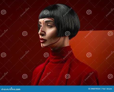 Woman, Red Aesthetic and Studio Profile with Makeup Art, Thinking and ...