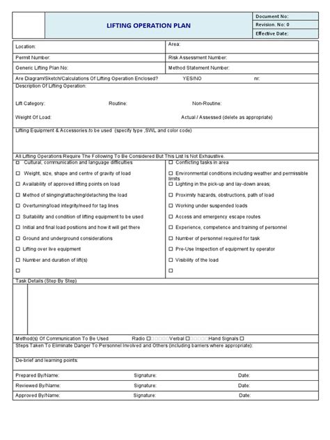 Lifting Operation Plan: Document No: Revision. No: 0 Effective Date | PDF | Safety | Business