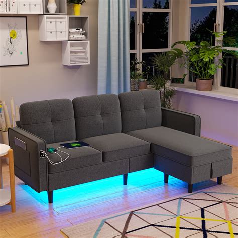 HNEBC Convertible Sectional Sofa Couch with LED Lights/USB/Type C Port, Modern L Shaped Couch ...