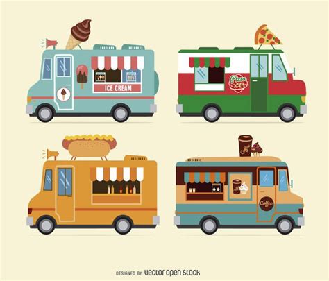 Multiple flat food truck illustrations. Designs feature colorful trucks offering ice cream ...