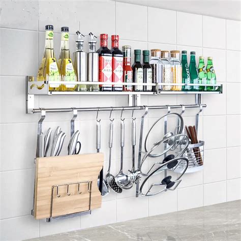 304 Stainless Steel Wall Mount Single Tier Spice Rack Multi function No Drilling Wall Hanging ...