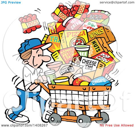 Clipart of a Cartoon Caucasian Man Grocery Shopping for Superbowl Sunday World Series, with a ...