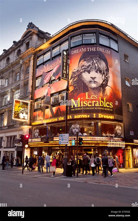 London theatre nightlife; The Queens Theatre, Shaftesbury Avenue London West End, showing Les ...