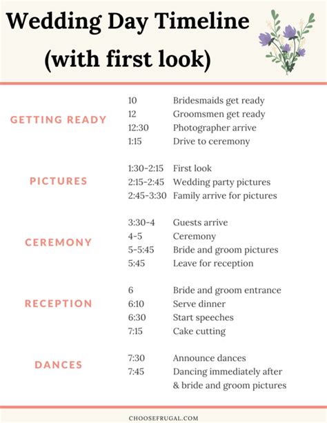 the wedding day schedule with first look list for brides and grooms to take