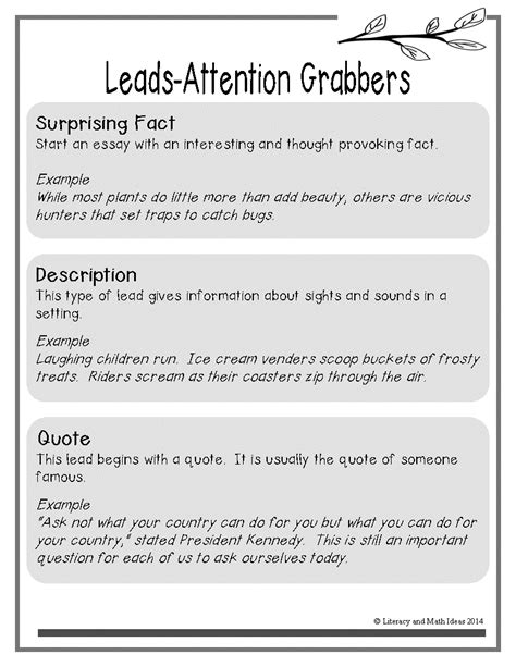 **Free** Lead Sentence Chart For Narrative, Opinion, and Informational ...