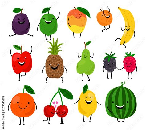 Fruits for kids. Cute fruit characters vector illustration, healthy juice cartoon kawaii summer ...