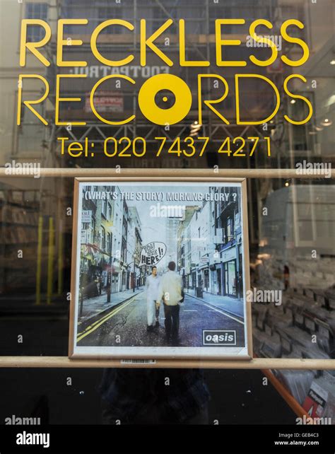 Oasis' What's the Story Morning Glory album cover in the shop window of Reckless Records in Soho ...