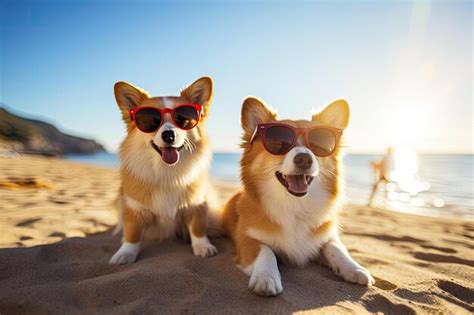 Premium AI Image | Cheerful puppies wearing sunglasses at the seaside