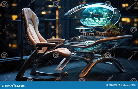 Futuristic Furniture, Office Chair and Desk, Evening in an Empty ...