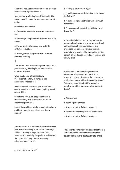 Medsurg - notes - The nurse has just auscultated coarse crackles bilaterally on a patient with a ...