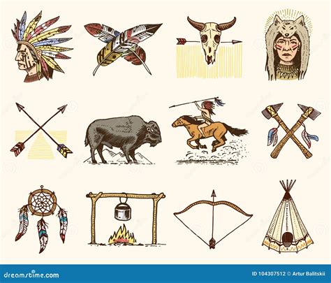 Indian Or Native American. Buffalo, Axes And Tent, Arrows And Bow ...