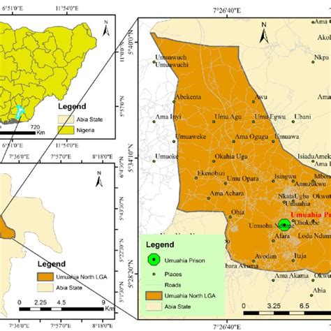 Map of Umuahia showing the location of the Prison, Aba Road, Umuahia ...