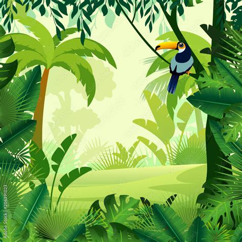 Vector illustration of beautiful background morning jungle. Bright jungle with ferns and flowers ...