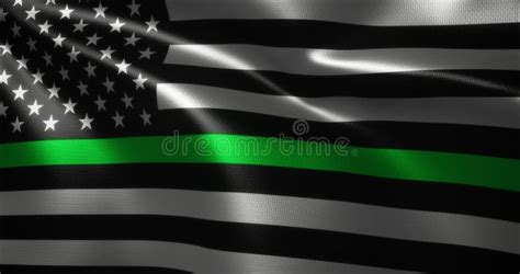 Thin Green Line Flag, United States of America Flag with Waving Folds, Close Up View, 3D ...