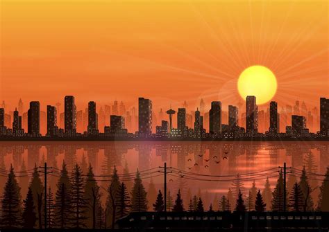 City at sunset background with train beside a river 6917530 Vector Art ...