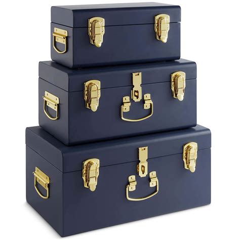 Buy Beautify Set of 3 Navy Blue Vintage Metal Steel Storage Trunk Set ...