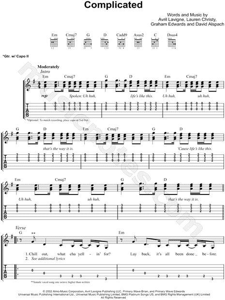 Avril Lavigne "Complicated" Guitar Tab in G Major - Download & Print ...