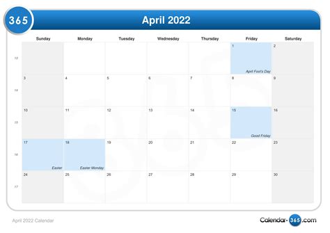 April 2022 Calendar