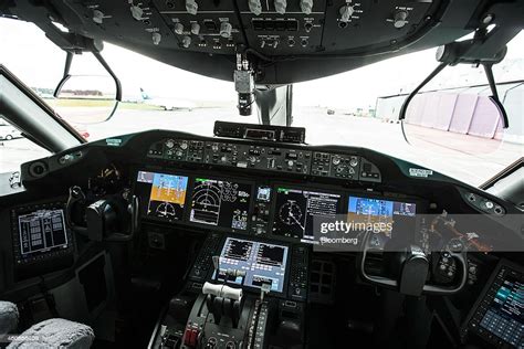 The cockpit of a Boeing Co. 787-9 Dreamliner test aircraft is seen at ...