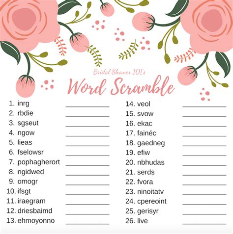 Free Printable Bridal Shower Games Word Scramble