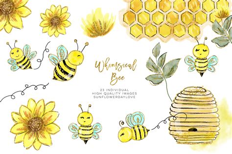 Watercolor bee clip art, Watercolor Honey Clipart, Bees Clipart Set By Sunflower Day Love ...