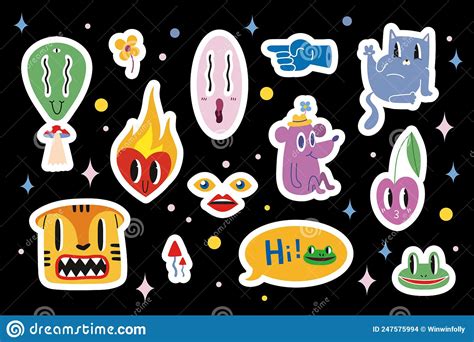 Stickerpack with Various Funny Comic Cute Characters and Doodles Such As Tiger, Cherry, Alien ...