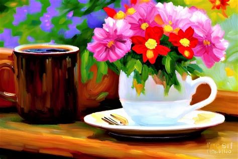 Painting Coffee And Cup Of Flowers Free Stock Photo - Public Domain ...