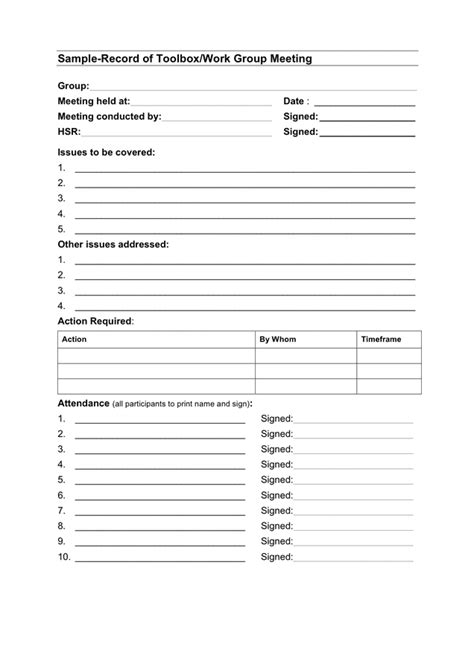 Record of toolbox/work group meeting sample in Word and Pdf formats