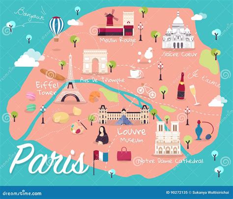 Map of Paris Attractions Vector and Illustration. Stock Vector - Illustration of cathedral, tour ...