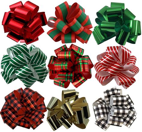 Christmas Gift Wrap Pull Bows - 5" Wide, Set of 9, Metallic Red, Green ...