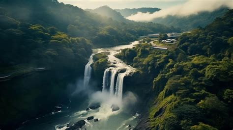 Premium AI Image | a waterfall in the middle of a lush green forest