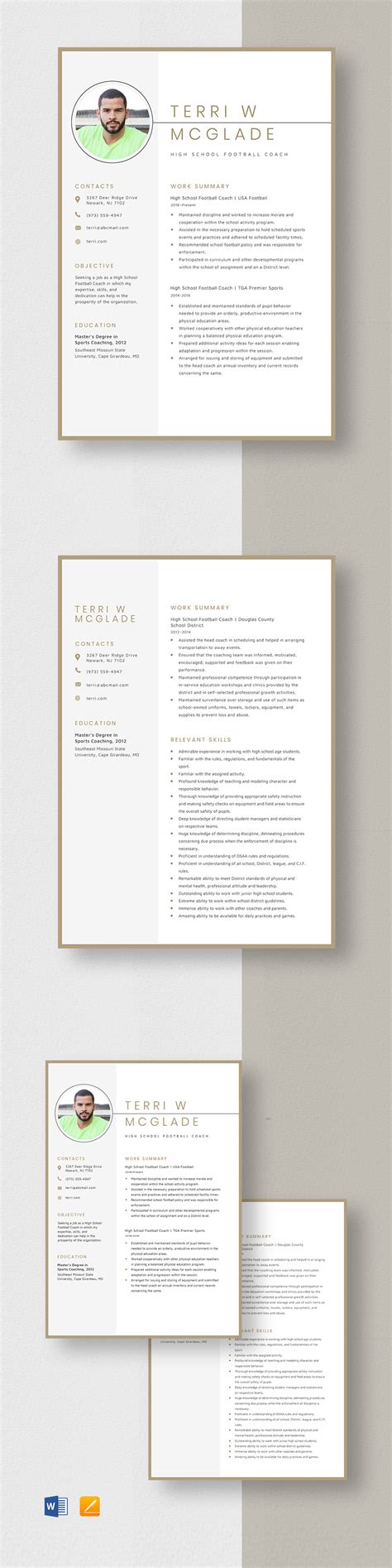 High School Football Coach Resume Template - Word, Apple Pages ...