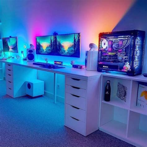 white gaming desk IKEA for students home office computer table for streaming with storage ...