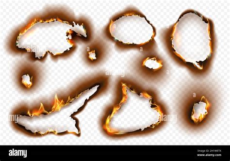 Paper holes with realistic burnt effect and fire flame. Burning torn ...