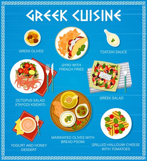 Greek cuisine food, Greece restaurant menu dishes 14636336 Vector Art ...